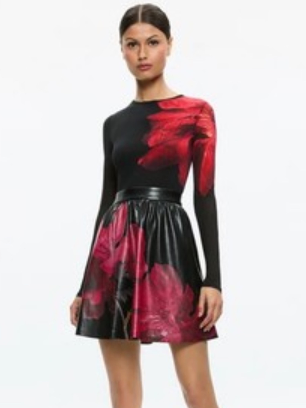 RARE Alice & Olivia Long-Sleeve Black Dress with Red Floral Print